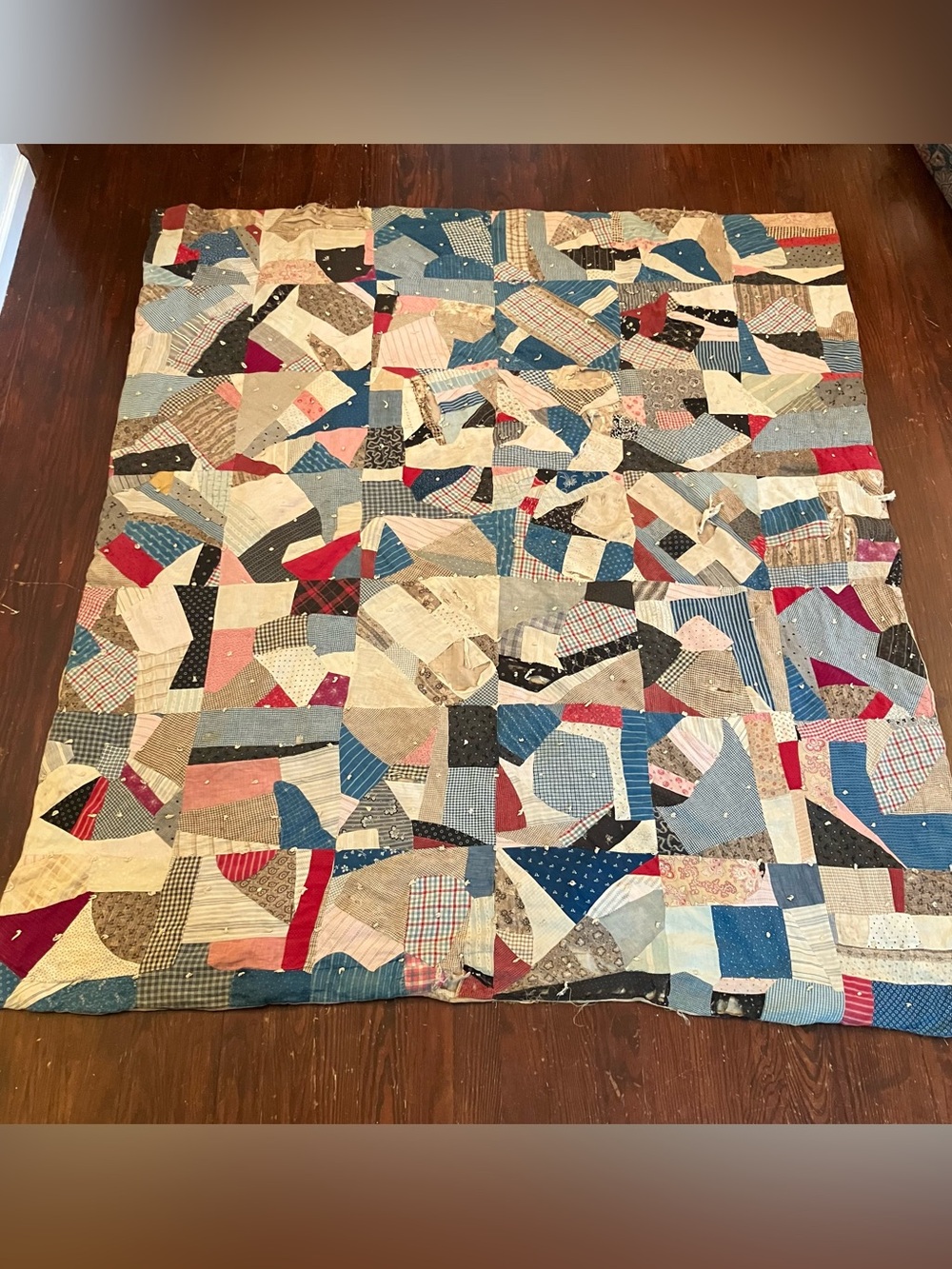 VTG Handmade Hand Quilted Crazy Scrap 70x74 Twin Throw Quilt Farmhouse Cottage